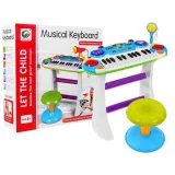 niebieski zestaw keyboard z werblami i mikrofonem na białym tle