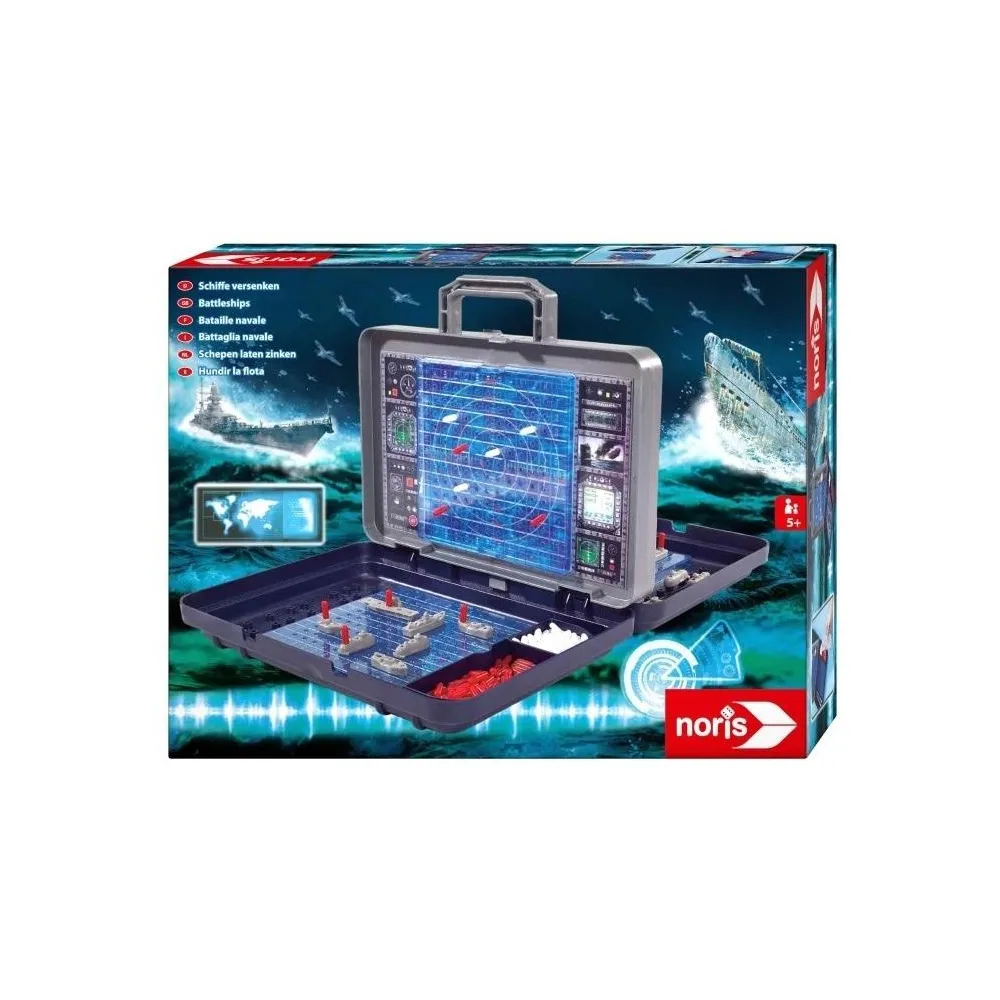 Noris Gra w okręty w zamykanej walizce z widoczną planszą i akcesoriami