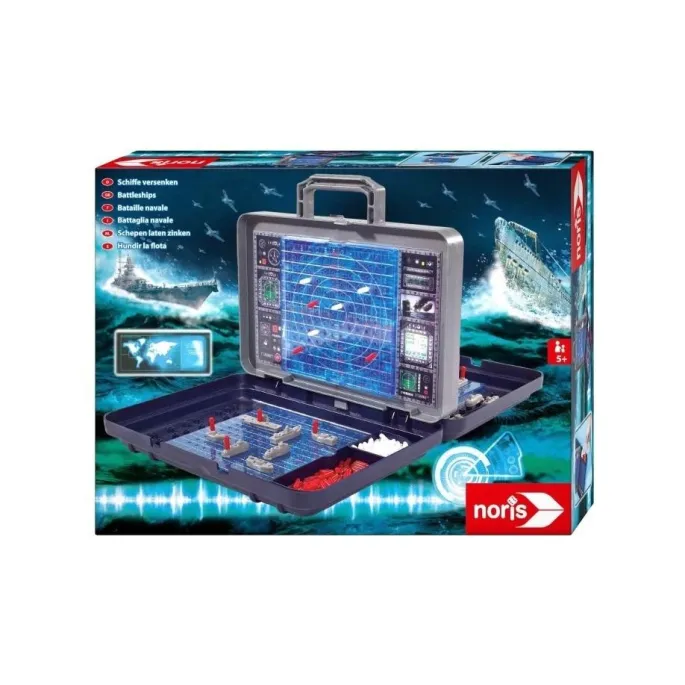 Noris Gra w okręty w zamykanej walizce z widoczną planszą i akcesoriami
