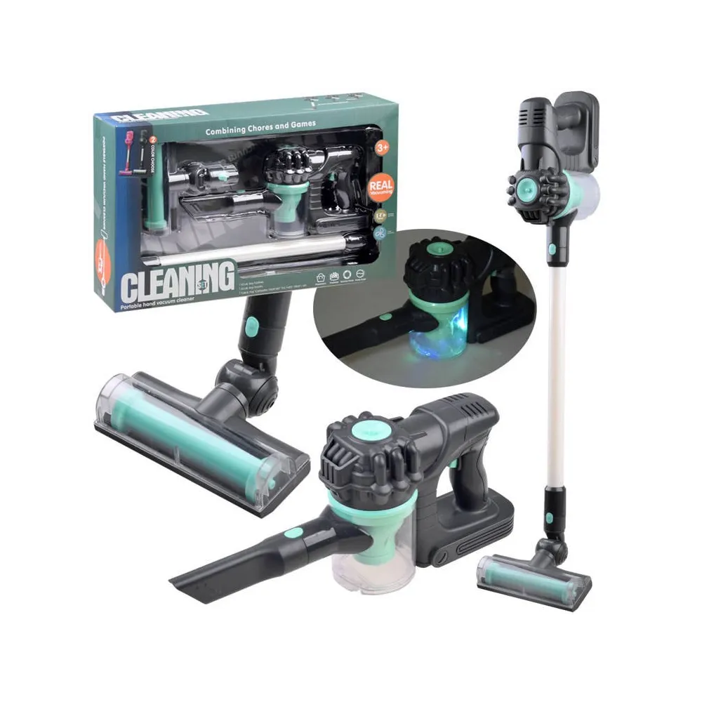 odkurzacz dziecięcy bezprzewodowy szaro-zielony na białym tle