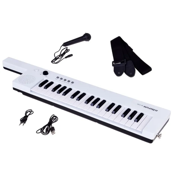 zbliżenie na klawiaturę keyboardu z widocznymi uchwytem i mikrofonem