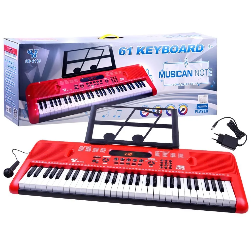 czerwony keyboard 61 klawiszy z mikrofonem na białym tle