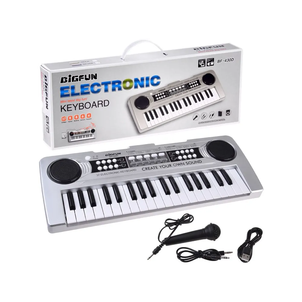 mini keyboard 37-klawiszy z mikrofonem srebrny na białym tle