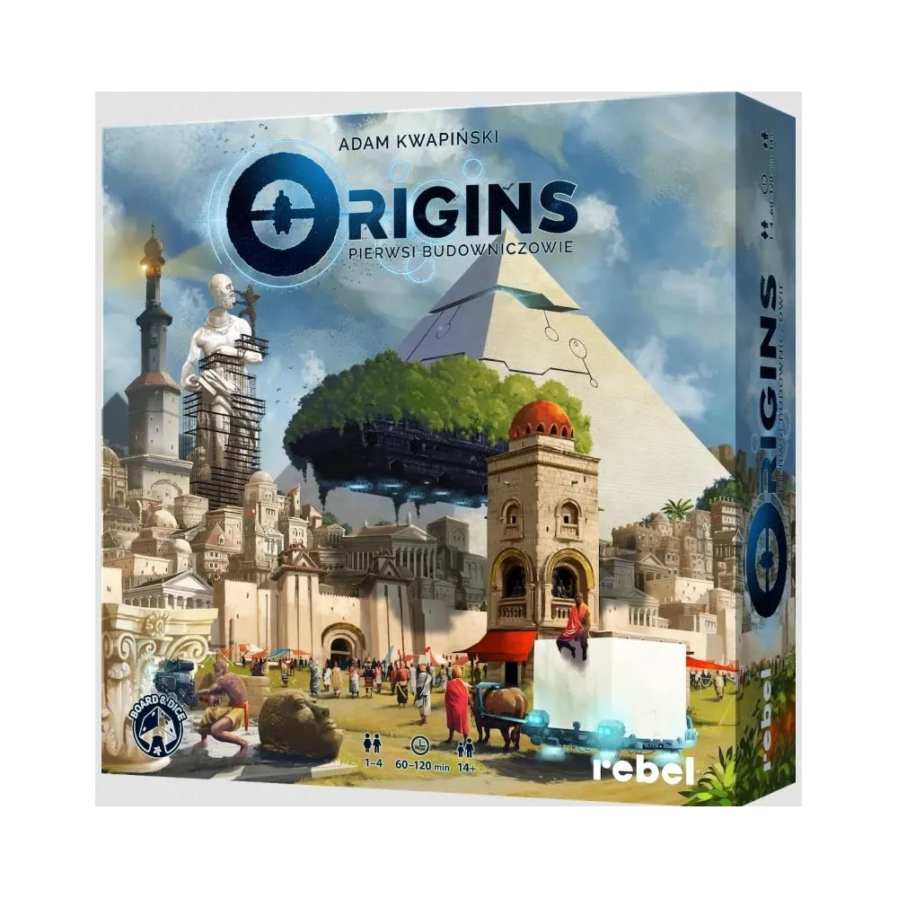 Pudełko gry Origins: Pierwsi Budowniczowie z elementami planszowymi na tle
