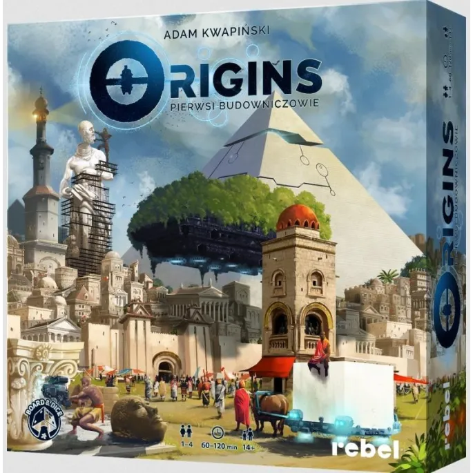 Pudełko gry Origins: Pierwsi Budowniczowie z elementami planszowymi na tle