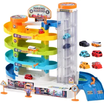 Parking tor z elektryczną windą i sześcioma autkami widok ogólny