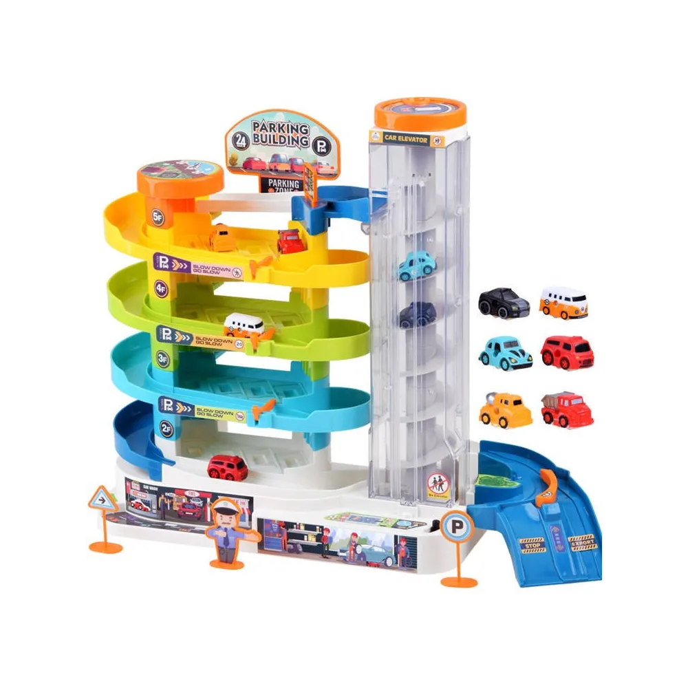 Parking tor z elektryczną windą i sześcioma autkami widok ogólny