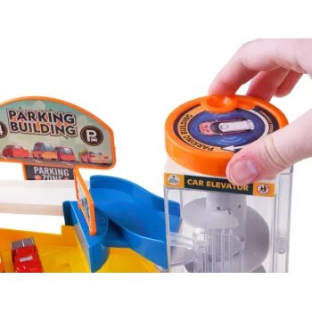 Zestaw z autkami, figurką ochroniarza i znakami informacyjnymi