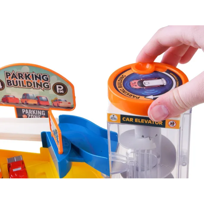 Zestaw z autkami, figurką ochroniarza i znakami informacyjnymi