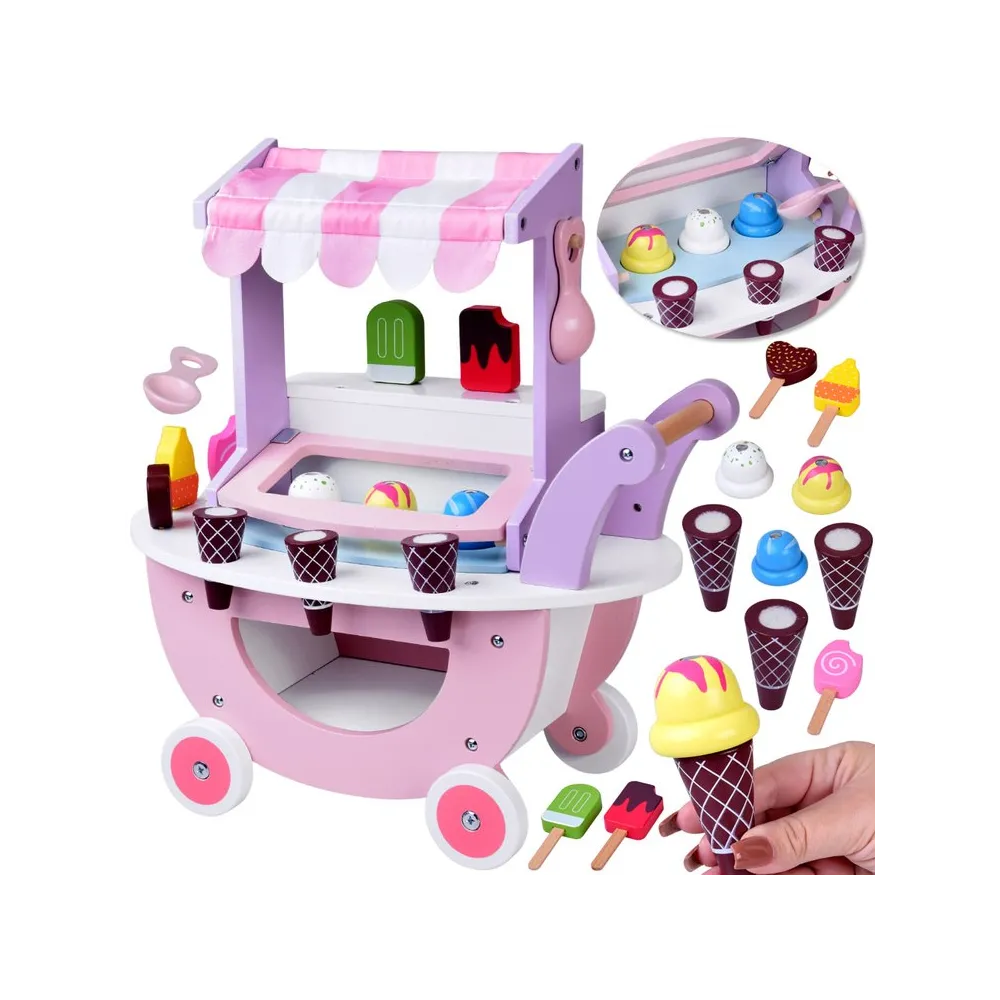 Pastelowa drewniana lodziarnia na kółkach z daszkiem w paski