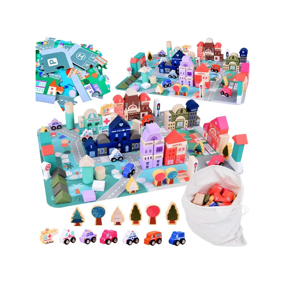 pastelowy zestaw klocków drewnianych w pełnej aranżacji na macie