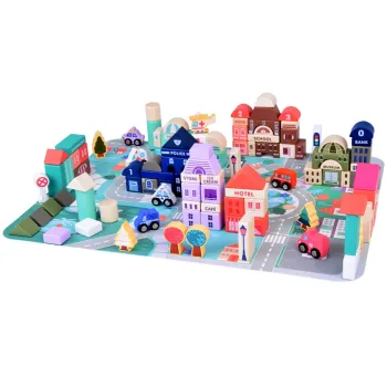 Pastelowy Zestaw Klocki drewniane Miasteczko + Mata puzzle 115 ele ZA5373