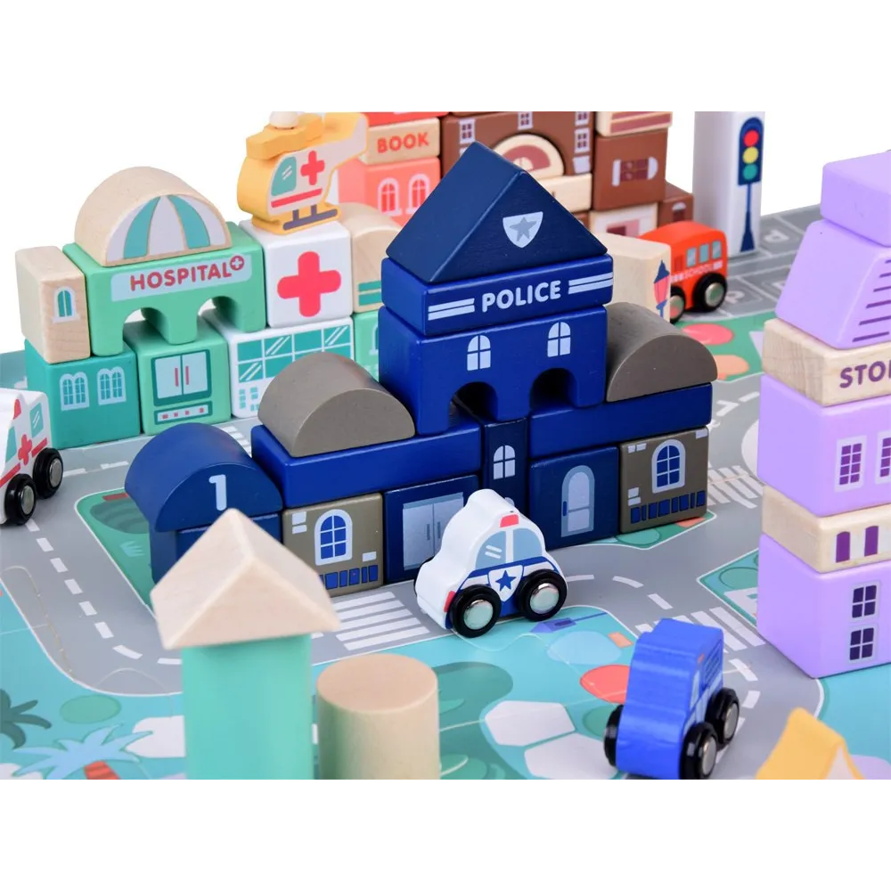 klocki o różnych kształtach budynków rozłożone na planszy