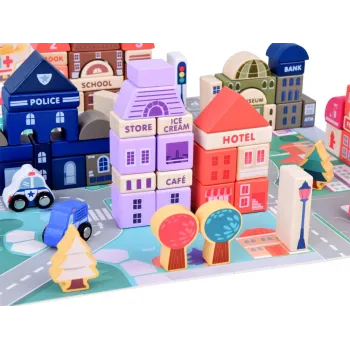 widok na wszystkie 115 elementów: klocki, pojazdy i puzzle razem