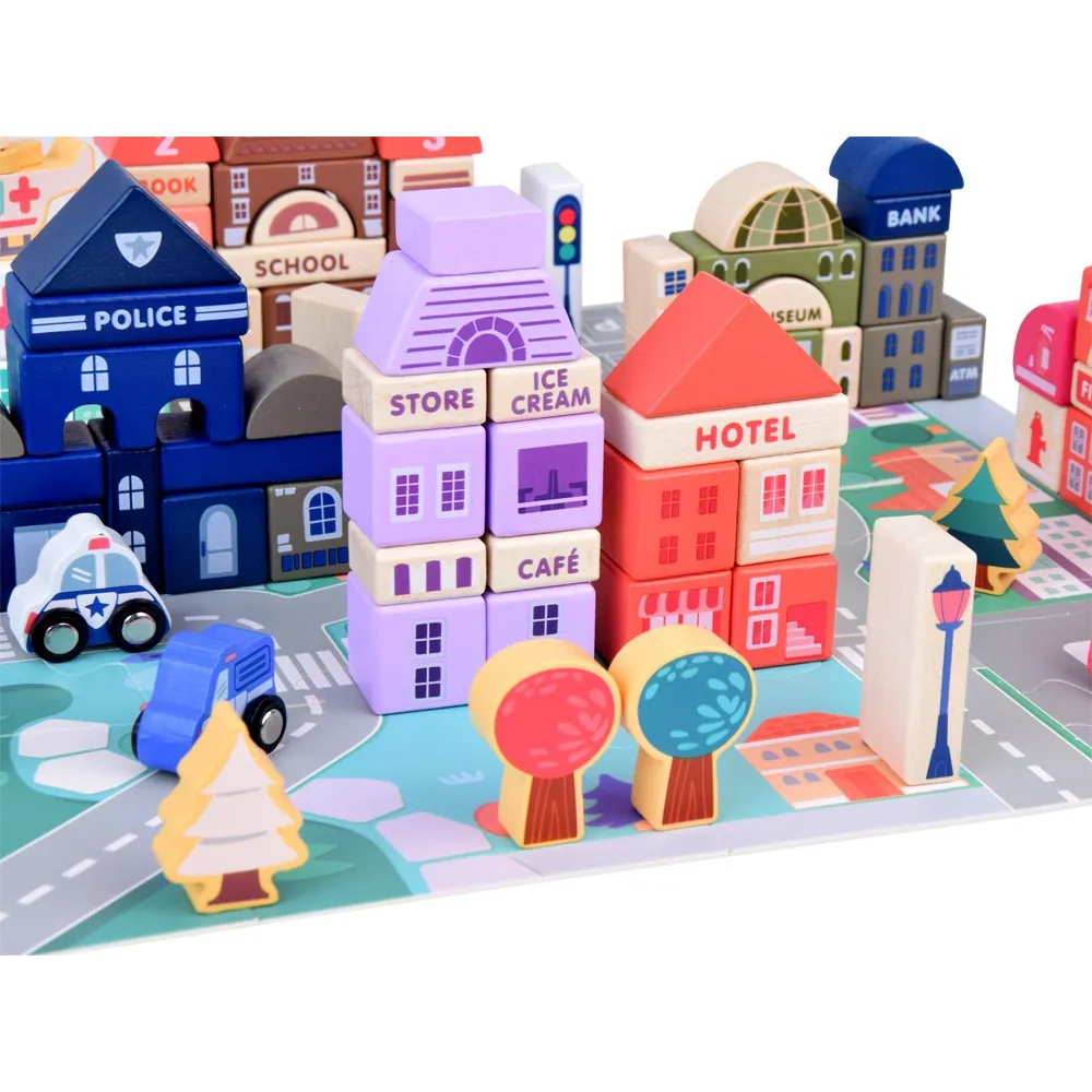 widok na wszystkie 115 elementów: klocki, pojazdy i puzzle razem