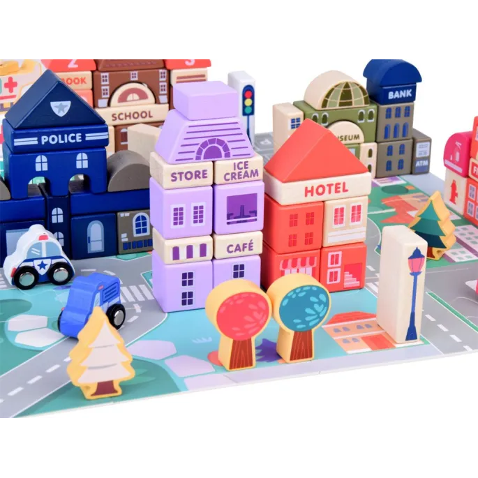 widok na wszystkie 115 elementów: klocki, pojazdy i puzzle razem