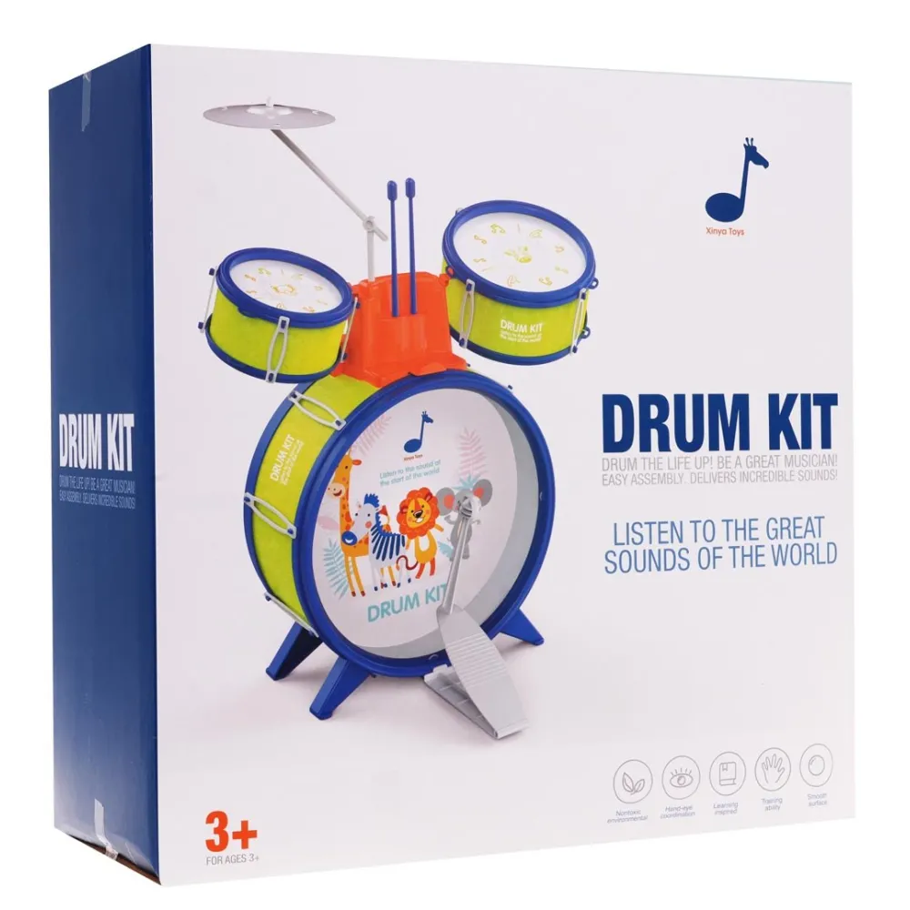 kolorowy zestaw perkusyjny dla dzieci z trzema bębnami i talerzem