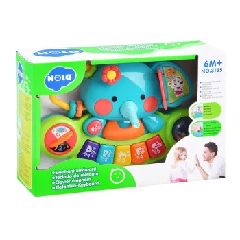 Panel pianinka z różnokolorowymi klawiszami i interaktywną trąbą słonia