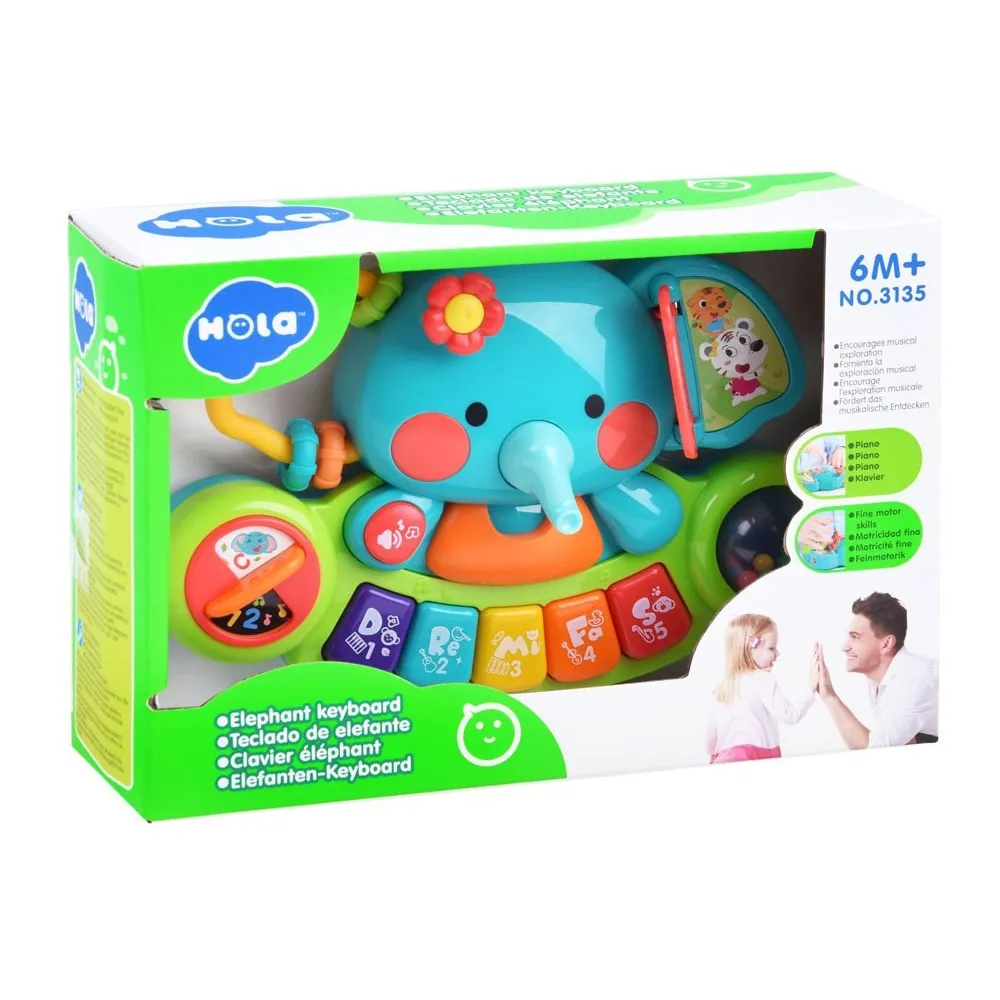 Panel pianinka z różnokolorowymi klawiszami i interaktywną trąbą słonia