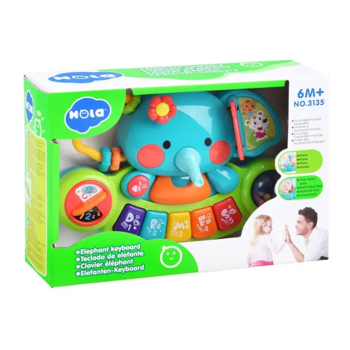 Panel pianinka z różnokolorowymi klawiszami i interaktywną trąbą słonia
