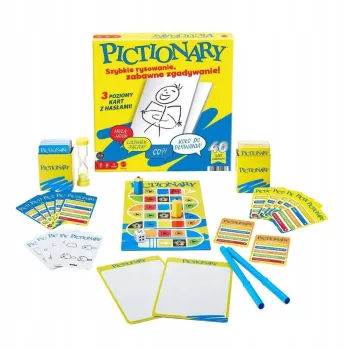 Pudełko gry Pictionary z akcesoriami do rysowania widoczne na pierwszym planie