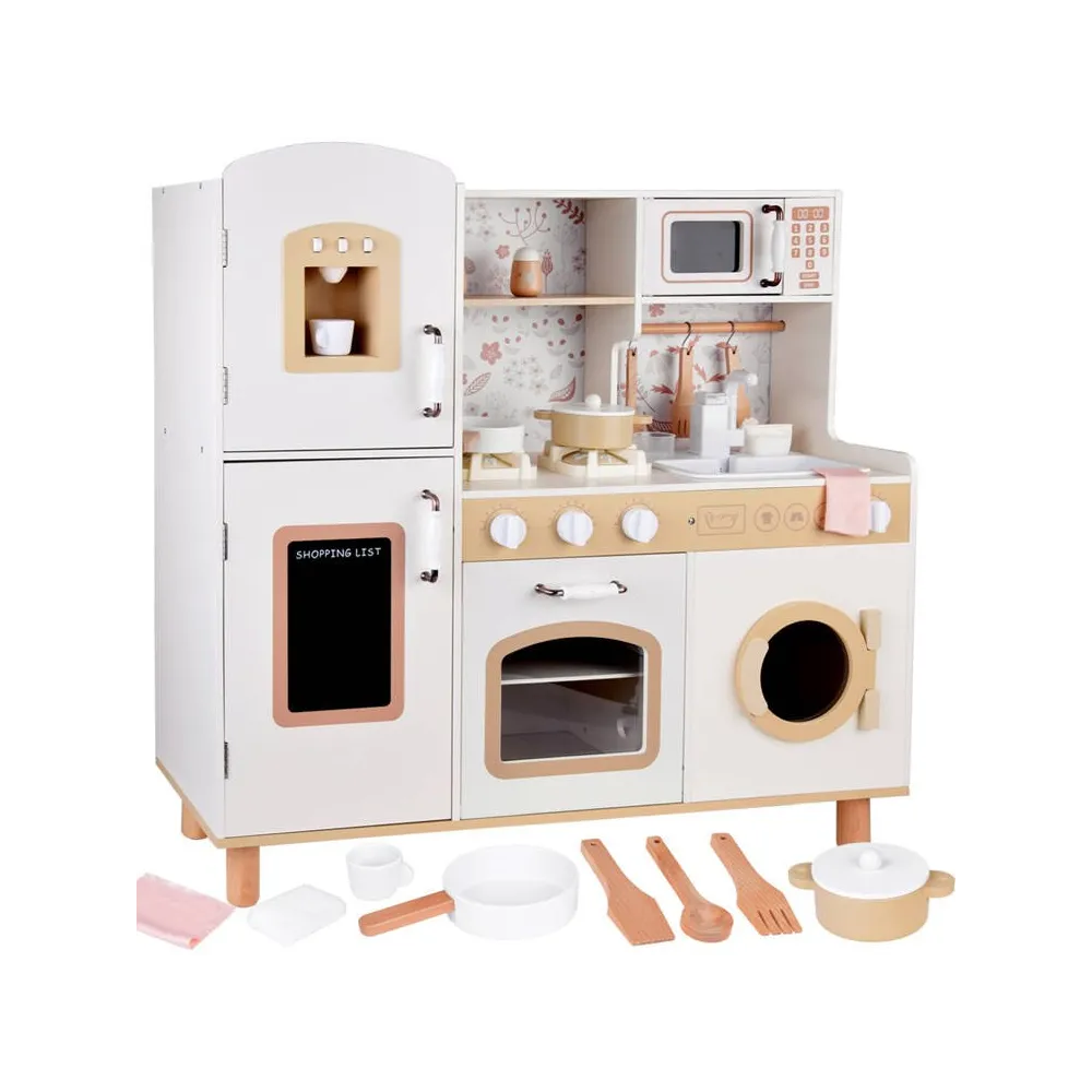drewniana kuchnia dla dzieci z akcesoriami w kremowym kolorze