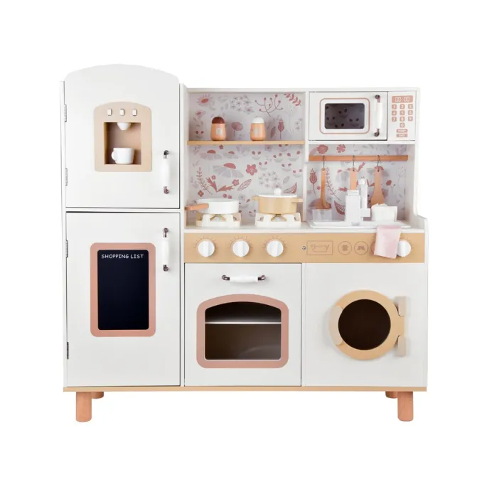 duża kuchnia zabawkowa z otwartymi drzwiczkami piekarnika i pralki
