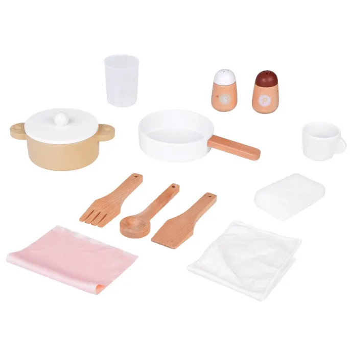 zestaw kuchenny z patelnią, garnkiem, kubkiem i przyprawami drewnianymi