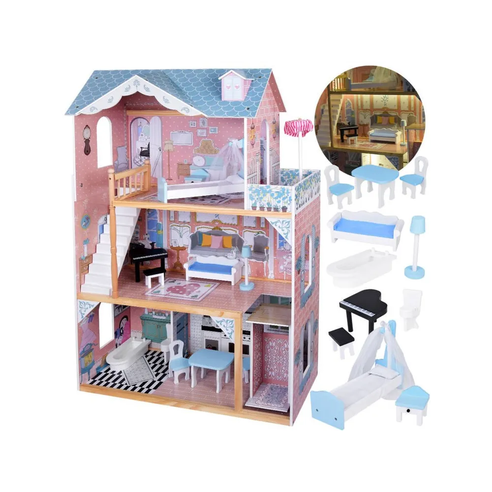 drewniany domek dla lalek z trzema kondygnacjami i meblami