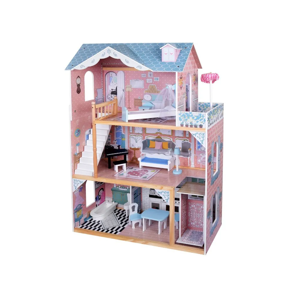 wnętrze domku dla lalek z pastelowymi ścianami i wyposażeniem