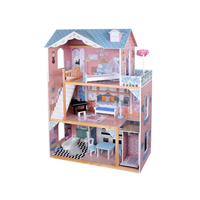 wnętrze domku dla lalek z pastelowymi ścianami i wyposażeniem