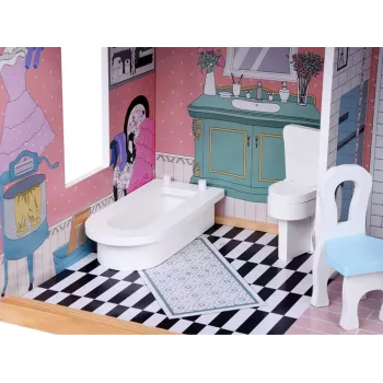 duży domek dla lalek z mebelkami i lampą stojącą