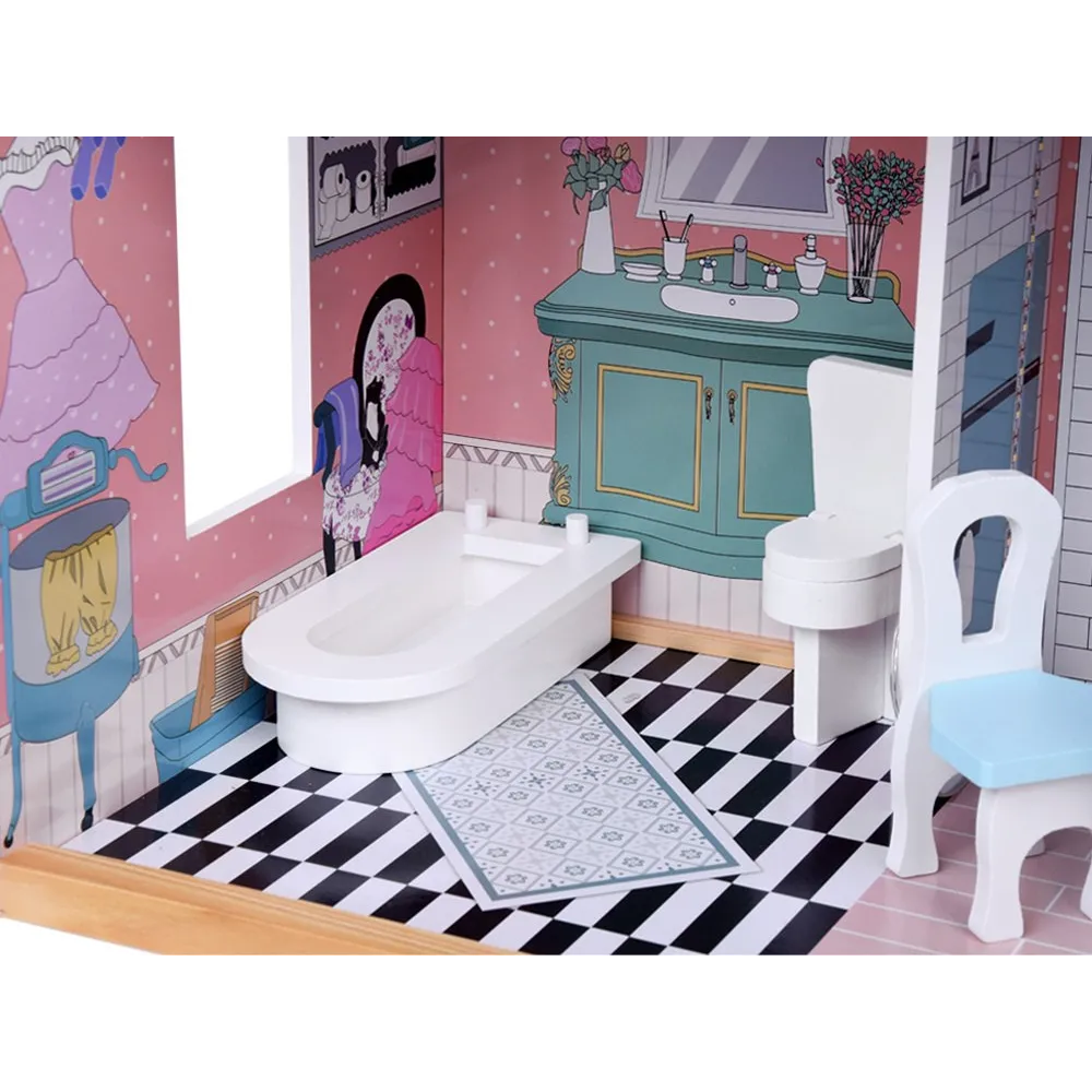 duży domek dla lalek z mebelkami i lampą stojącą