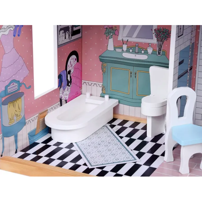 duży domek dla lalek z mebelkami i lampą stojącą