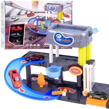 piętrowa myjnia samochodowa z garażem i autkami na tle białym