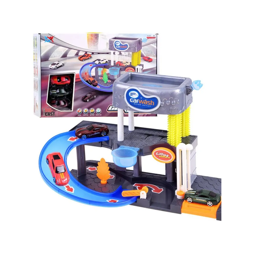 piętrowa myjnia samochodowa z garażem i autkami na tle białym