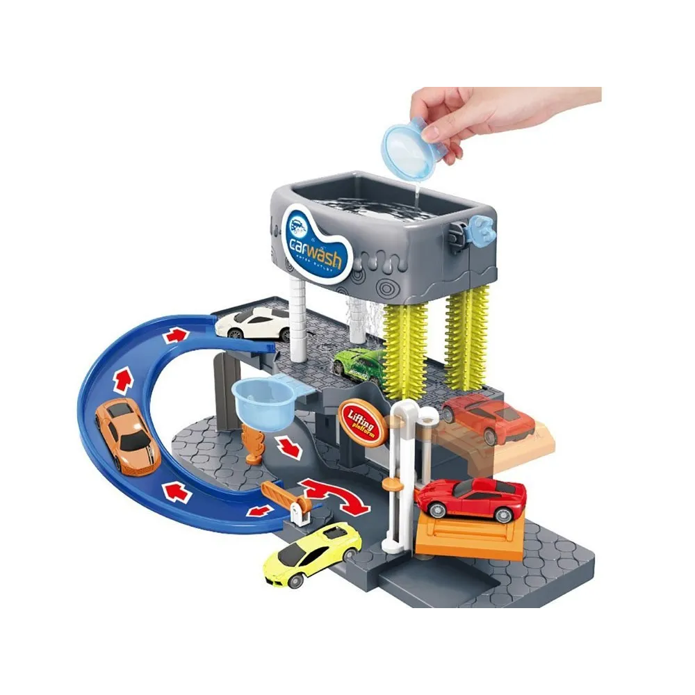 zestaw do zabawy piętrowa myjnia z widocznymi metalowymi samochodami