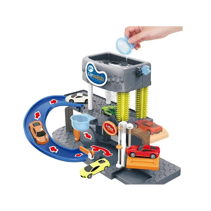 zestaw do zabawy piętrowa myjnia z widocznymi metalowymi samochodami