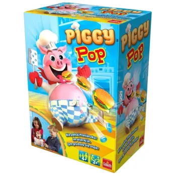 Zabawna gra Piggy Pop z plastikowym prosiaczkiem i kolorowymi hamburgerami