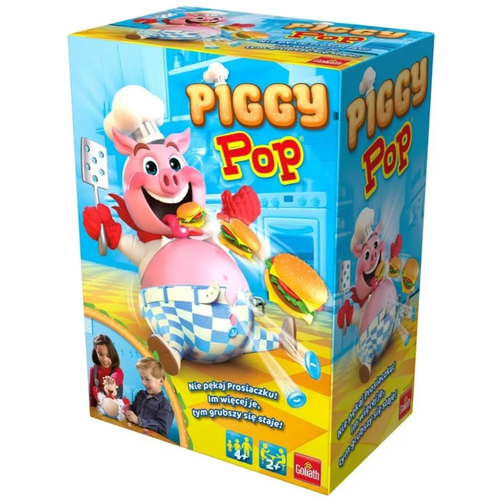 Zabawna gra Piggy Pop z plastikowym prosiaczkiem i kolorowymi hamburgerami