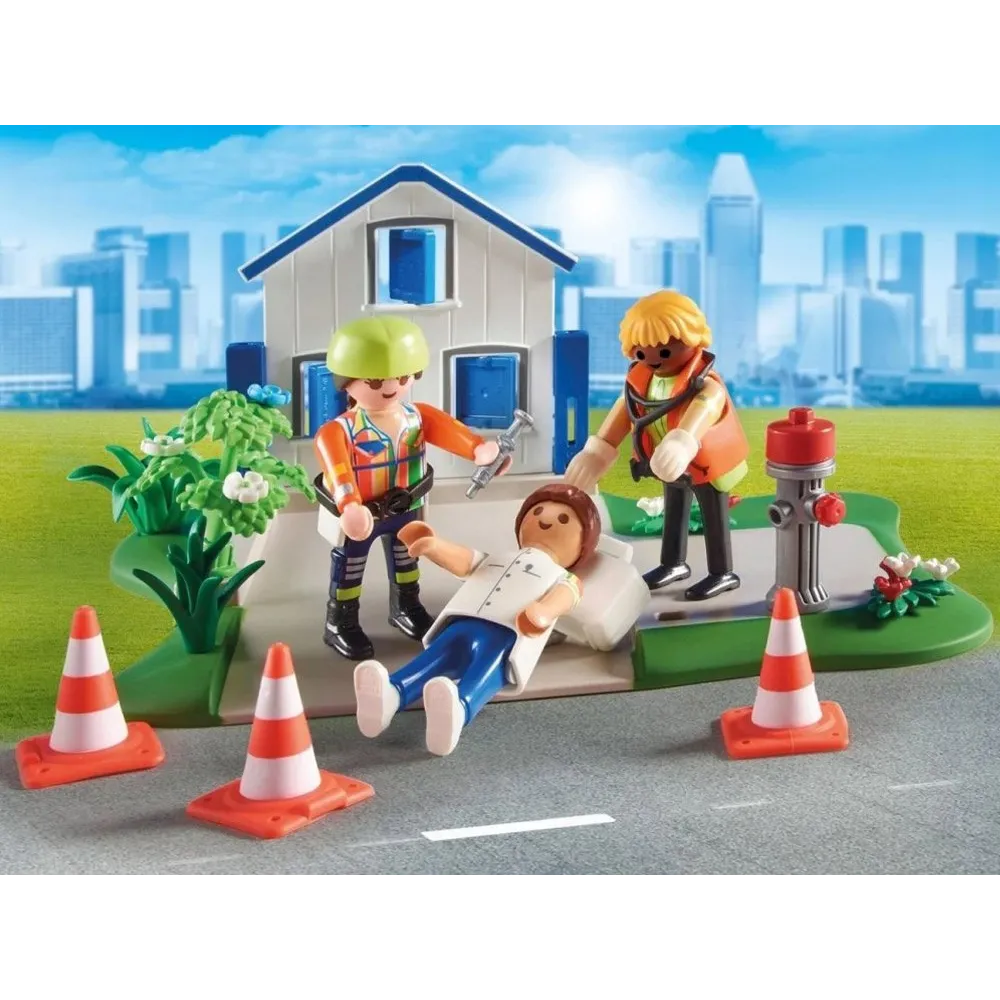 Sceneria do zabawy z hydrantem, domem i pachołkami ratunkowymi Playmobil