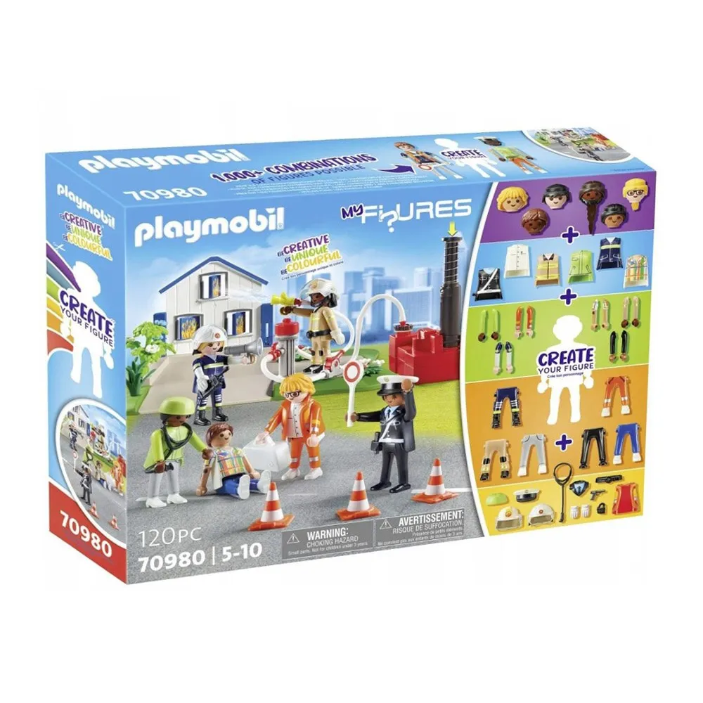 Komplet elementów zestawu Playmobil My Figures akcja ratownicza na białym tle