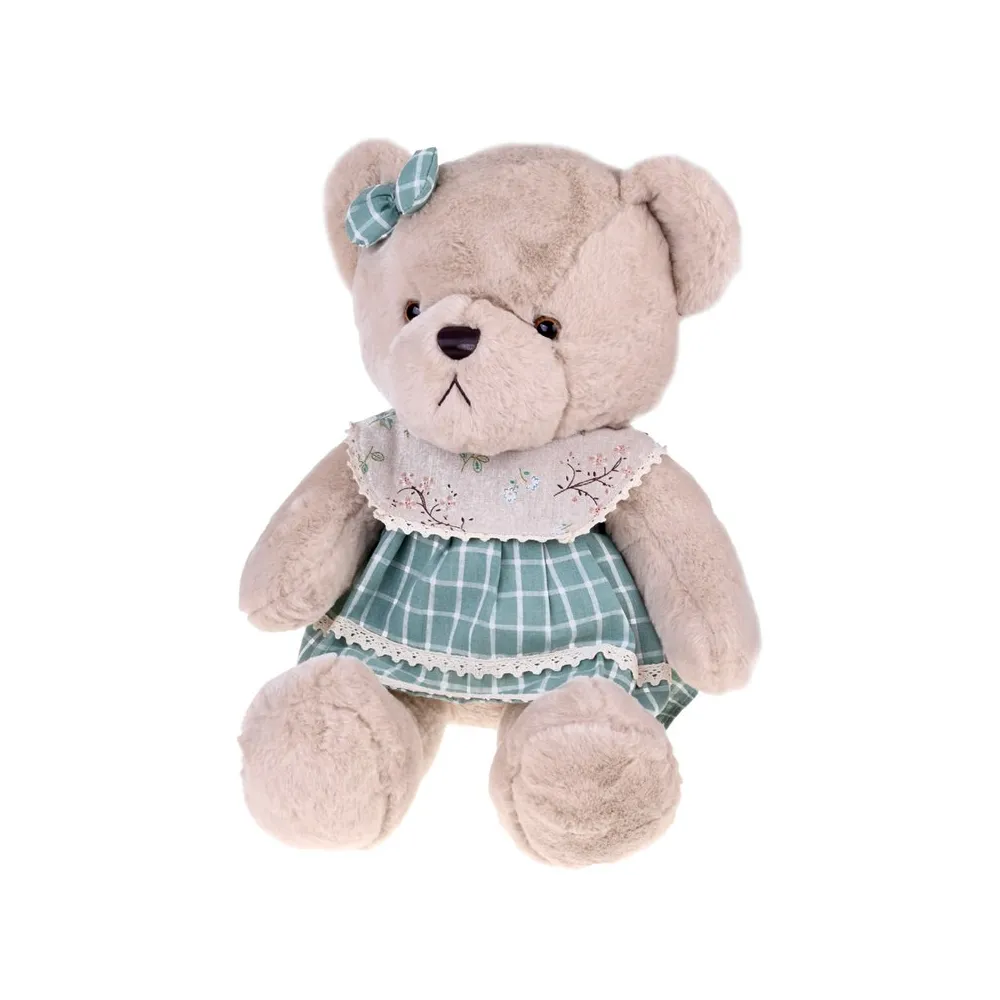 pluszowy miś w zielonej sukience w białą kratkę, widok na całość