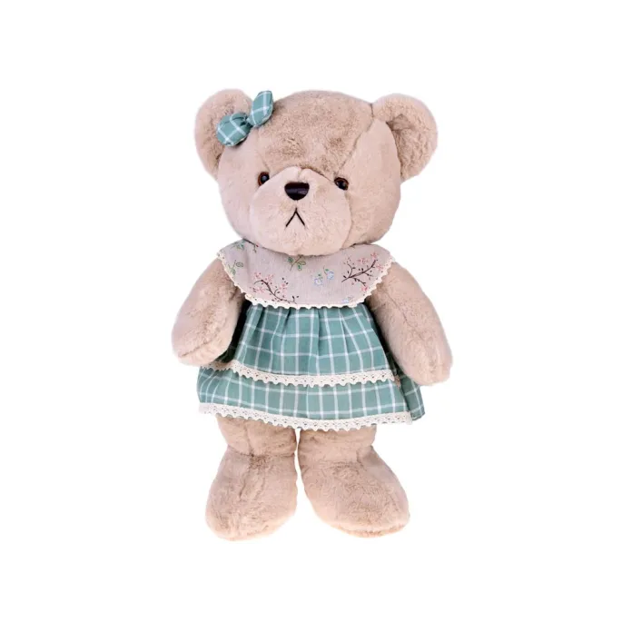 miś z zieloną kokardką w białą kratkę na głowie