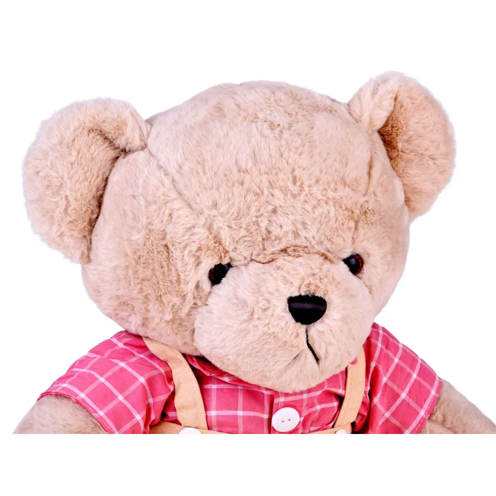detal różowej koszuli w kratkę na pluszowym misiu filipie