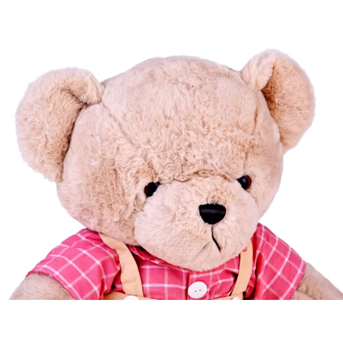 detal różowej koszuli w kratkę na pluszowym misiu filipie