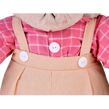 pluszowy miś filip trzymany w rękach, prezentacja tkaniny