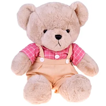 Pluszowy miś Filip beżowy 58 cm w różowej koszuli vintage na białym tle