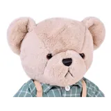 Zbliżenie na zieloną koszulę w kratkę oraz jasne spodenki misia Franka