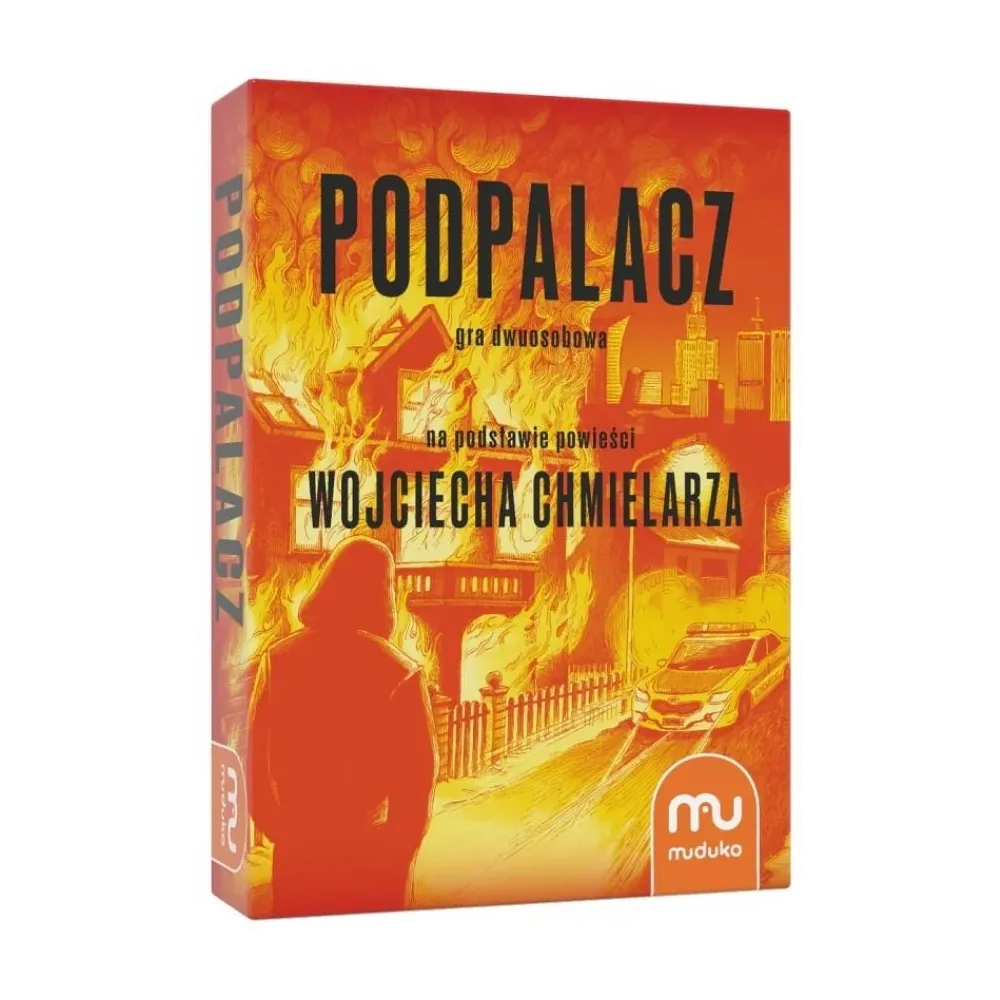 Pudełko gry Podpalacz. Gra detektywistyczna z widocznym logo i grafiką opakowania